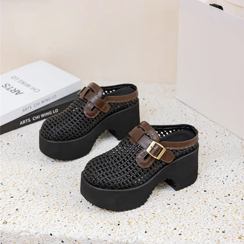 Women's Summer Slippers Mesh Holes 2026 New Women's Platform Mules 9cm High Heel  Woven Slippers Women