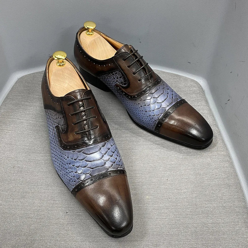 DANIEL WAFER Real Cow Leather Men's Dress Shoes Handmade Lace Up Oxford Snake Print Pointed Cap Toe Party Formal Shoes for Men