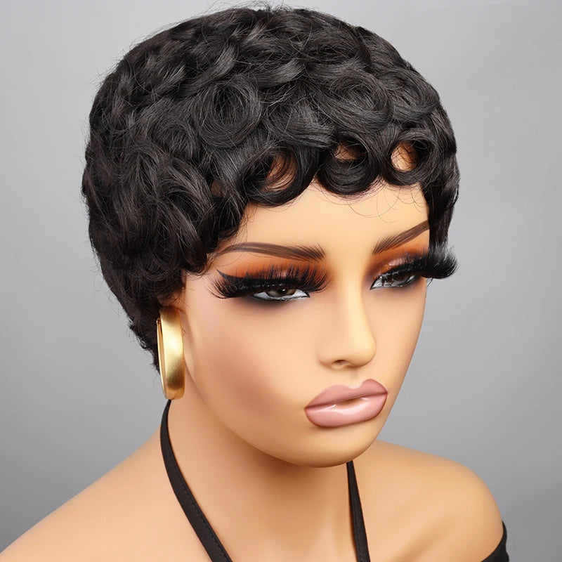 613 Honey Blonde Curly Pixie Cut Wig 100% Human Hair with Bangs Short Curly Human Hair Wigs for Women Machine Made