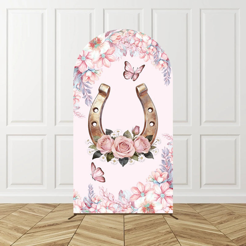 Cowgirl Pink Arch Backdrop Birthday Party Photo Background Kids Western Theme Decor Horse Shoe Boots Hat Pattern Celebration Bac