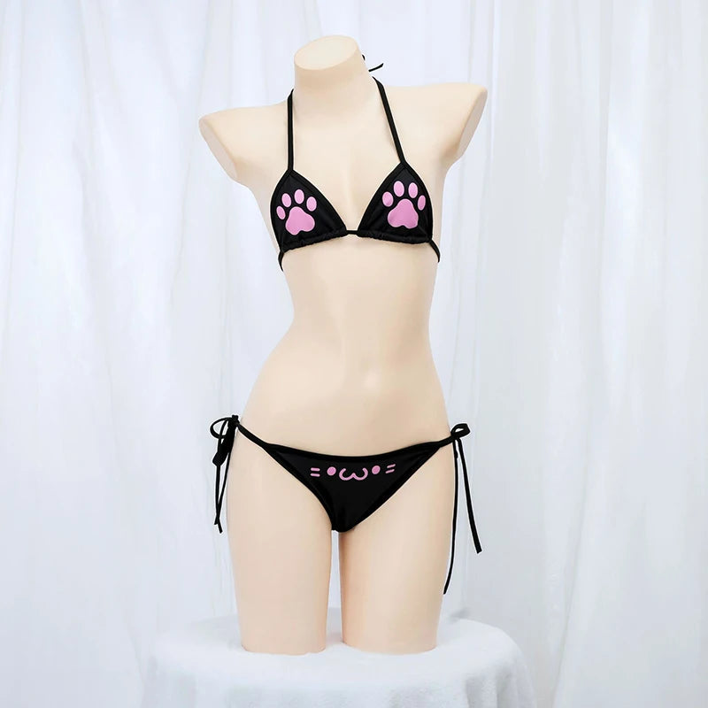 Japanese Anime Kawaii Girl Cute Cat Paw Bikini Swimsuit Women Claw Pattern Three Point Underwear Set Bra Panties Costume Cosplay