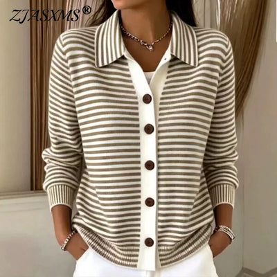 Vintage Striped Knit Sweaters Women Turn Down Collar | SAMAG