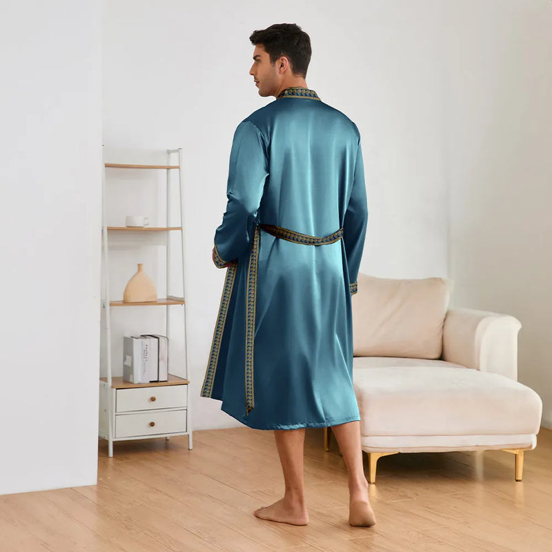 Men Long Nighty&Robe Set Summer Ice Silk Pajamas Set Sleepwear Loose Casual Home Clothes Nightwear Male Loungewear