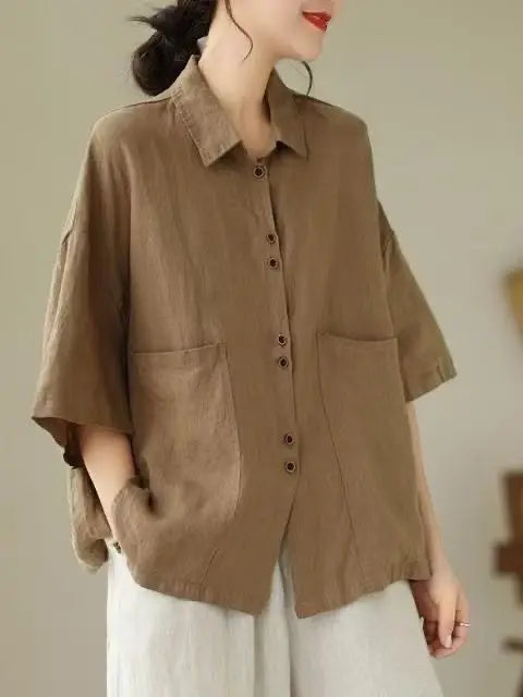Retro Cotton Linen ort Sve Women's irt Summer New Loose Casual  Collar Top Faion Korean Sle Thin Material