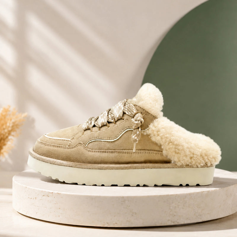 Winter Warm Wool Lined Mules for Women Cow Suede Leather Slip on Platform Sneaker Clogs Casual EVA Sole