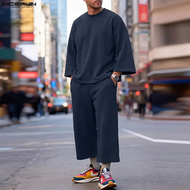 INCERUN Men's Sets Solid Color Oversize 3/4 Sleeve T Shirt Pants Two Piece Streetwear Stylish Casual - View 3 | SAMAG