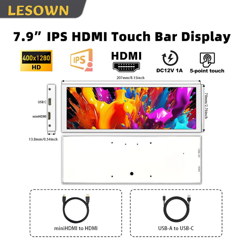 LESOWN Driver-free 400x1280 Display White 7.9 inch miniHDTV Computer Temp Monitor Sub-screen PC  Touch Panel