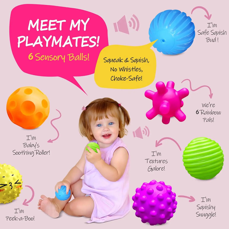 Soft Sensory Balls for Babies 6-12 Months, BPA Free Massage & Teething Toy Set, 6 Pack Montessori Infant Gifts