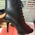 Dance Booties 9.5cm Dance Heels Black Leather Outdoor Latin Salsa Jazz Women Girls Dance Shoes