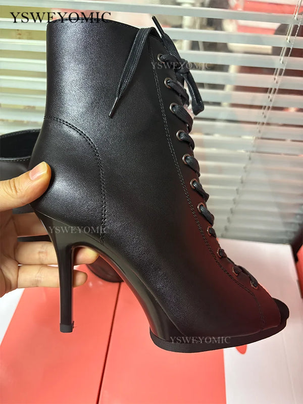 Dance Booties 9.5cm Dance Heels Black Leather Outdoor Latin Salsa Jazz Women Girls Dance Shoes