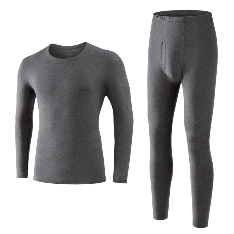 2 Pcs/Set Long Sleeve Thermal Underwear Men Dralon Velvet Fabric Long Johns Pants Front Open Winter/Autumn Warm Suit Solid Color