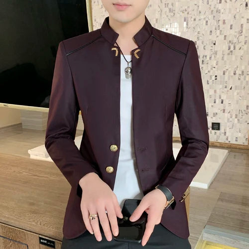Black Stand-up Collar Men Retro Suit Jacket, Asian Size Slim-fit Blazer Coat, Single-Breasted Long-Sleeved Overcoat M-5XL