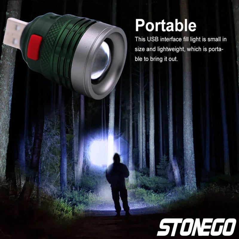Mini Portable USB Flashlight Zoomable 3 Modes Bright Aluminum Alloy Power Bank Torch Light