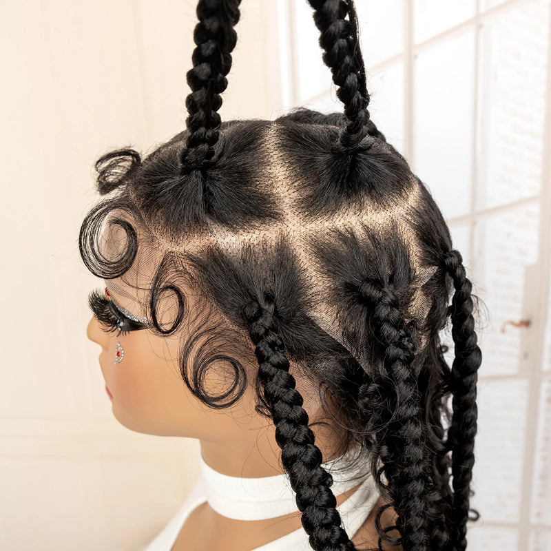 Synthetic Full Lace Goddess Braided Wigs with Curly Square Knotless Box Braiding Wig for Black Women 18 Inches Lace Frontal Wigs