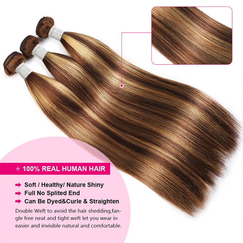 32 Inch Honey Blonde Straight Bundles P4/27 Highlight Straight Human Hair Bundles Brown Colored Brazilian Hair Weave Bundles