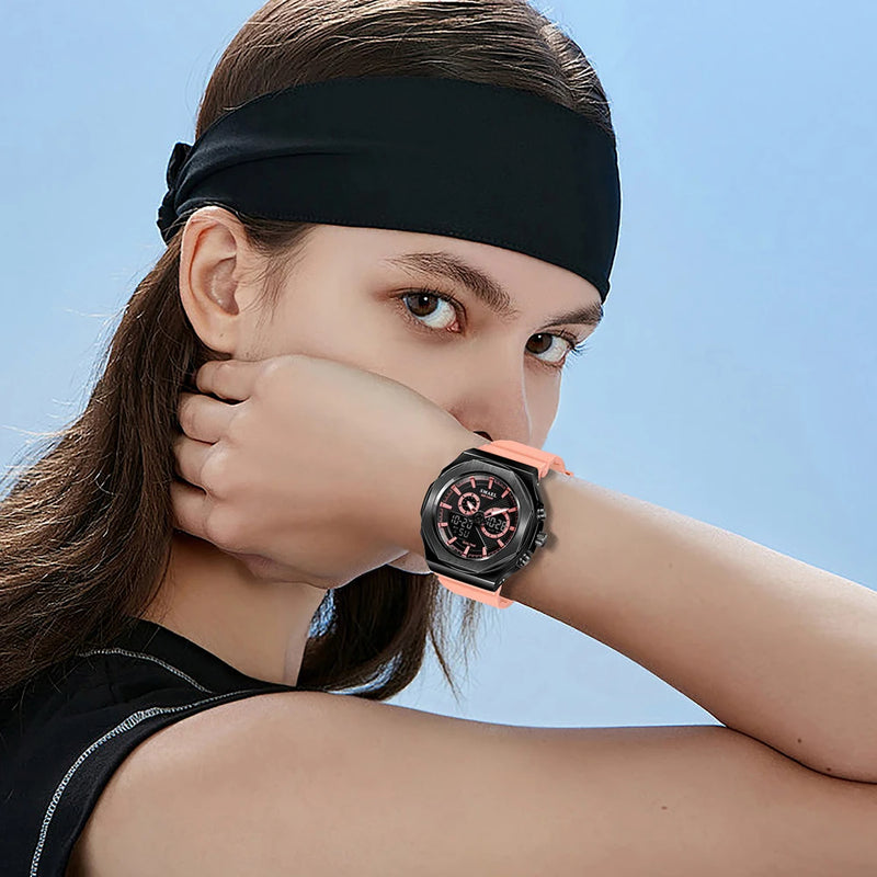 SMAEL Women Dual Display Waterproof Sport Quartz Watch LED Digital Analog Stopwatch Durable Daily Outdoor Casual Wristwatch