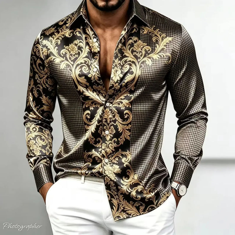 Men's Retro Baroque Printed Satin Silk Shirt Long Sleeved | SAMAG