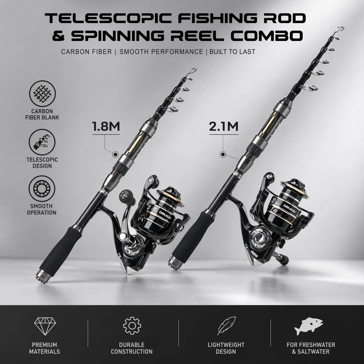 DEUKIO 1.8/2.1M Fishing Rod Reel Combo Portable Telescopic Travel Pole and 5.2:1 3000 Mode Spinning Reel for Bass Carp Fishing