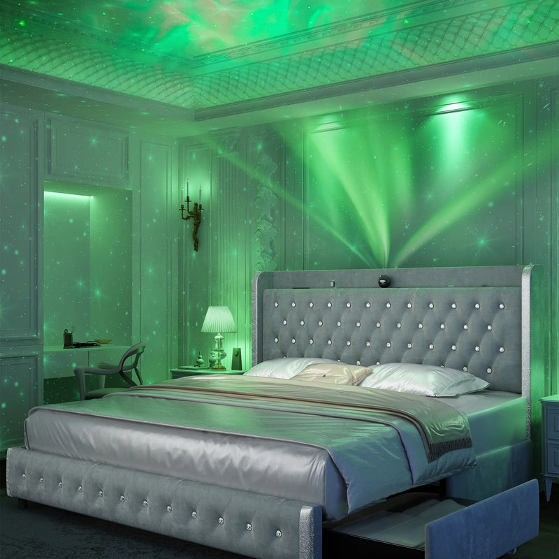 GEGOFORU Queen LED Bed Frame with Galaxy Projector, Bluetooth Speaker, USB Ports, 4 Drawers, No Box Spring Needed, PU Black