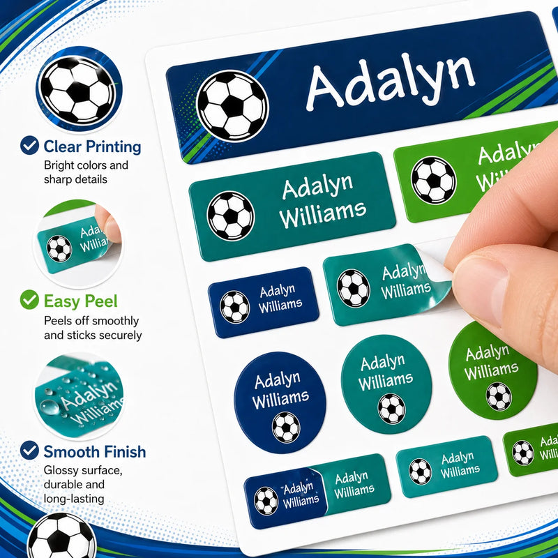 Custom Soccer Name Labels Personalized Waterproof Stickers for Bottles Lunch Boxes Notebooks Sports Gear 4 Shapes