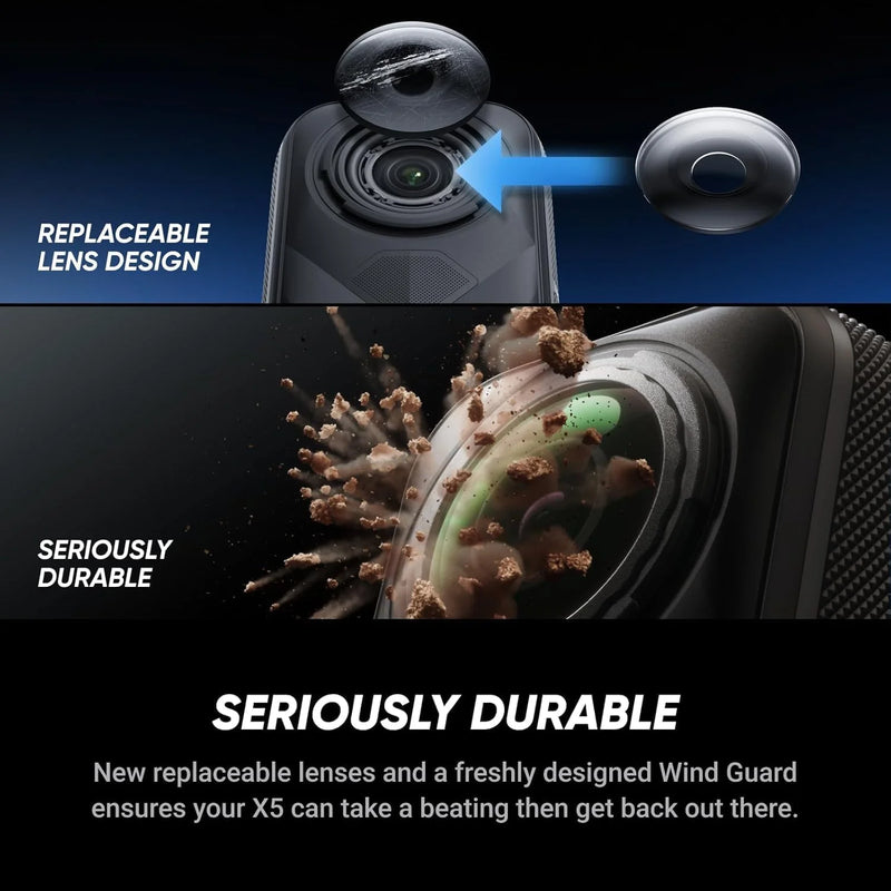 Insta360 X5 Action Camera Waterproof 8K 30fps Replaceable Lenses Triple AI Chip Superior Low Light 185 Mins Run Life