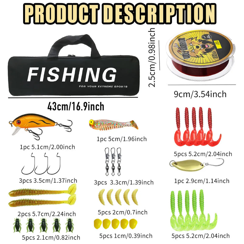 New Style Lure Fishing Equipment All-in-One Tackle Kit for Starter Anglers,Lightweight Fiberglass Fishing Rod Full Fishing Set