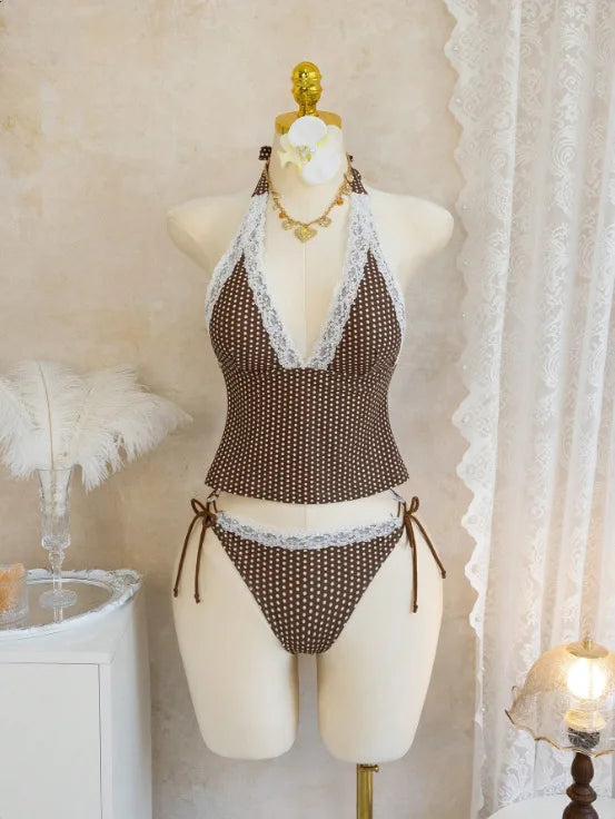 Deep V Lace Polka Dot Tie Front Sexy Bikini Set Designer | SAMAG