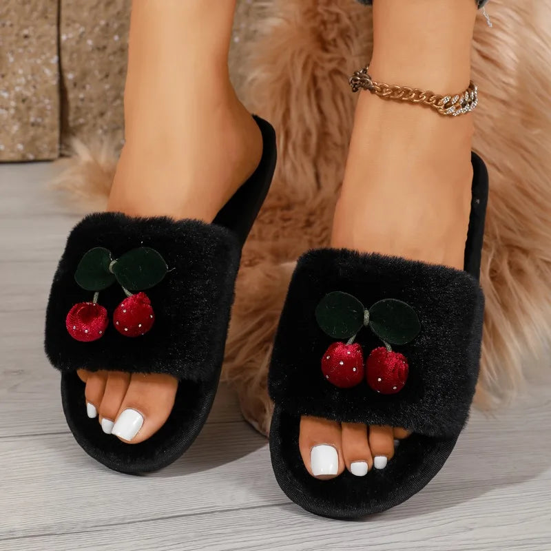 Fashion Trend Cherry Rhinestone Decor Casual Cotton Slippers for Women 2026 Winter New Round Toe Casual Plush Warm Women's Shoes
