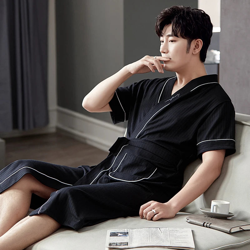 Big Yards L - 4XL Pajamas Mens Soft Cotton Knited Robes Sexy V-Neck Short Sleeve Bathrobe Male Solid Color Nightgown Lounge