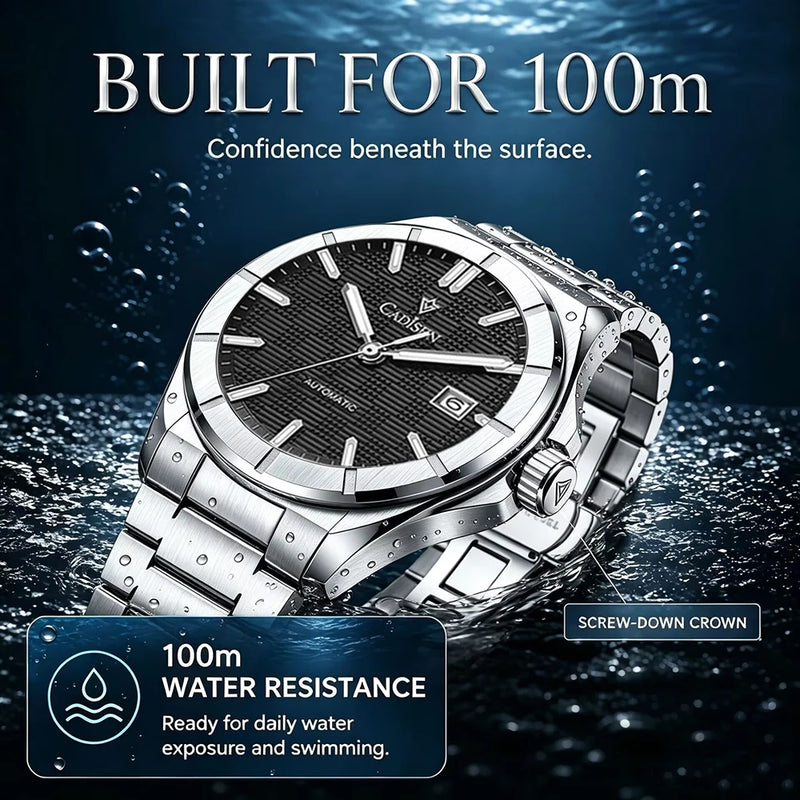 CADISEN Watch Business Automatic Watches Mens Japan 8215 Mechanical Luminous AR Sapphire 100M Waterproof Calendar WristWatch+Box