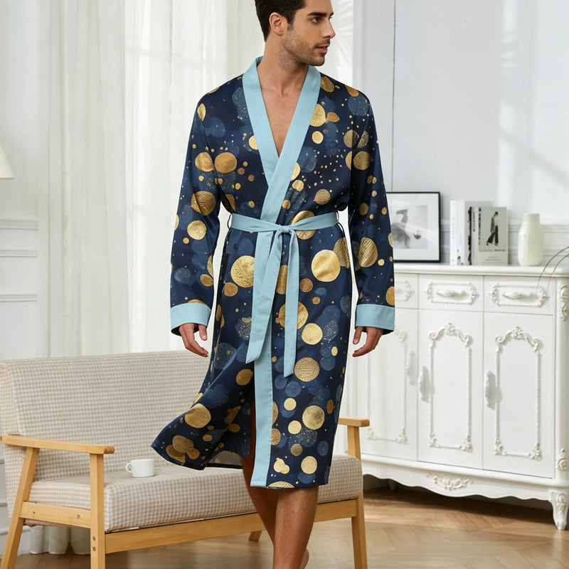 Men's lightweight quick-drying pajama bathrobe - 3D digital printing, non-fading design, stand-up collar and adjustable waistban