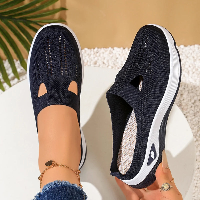 Women's Backless Walking Mules Non-Slip Breathable Knit Slippers for Elderly Ladies Indoor Outdoor Casual Shoes