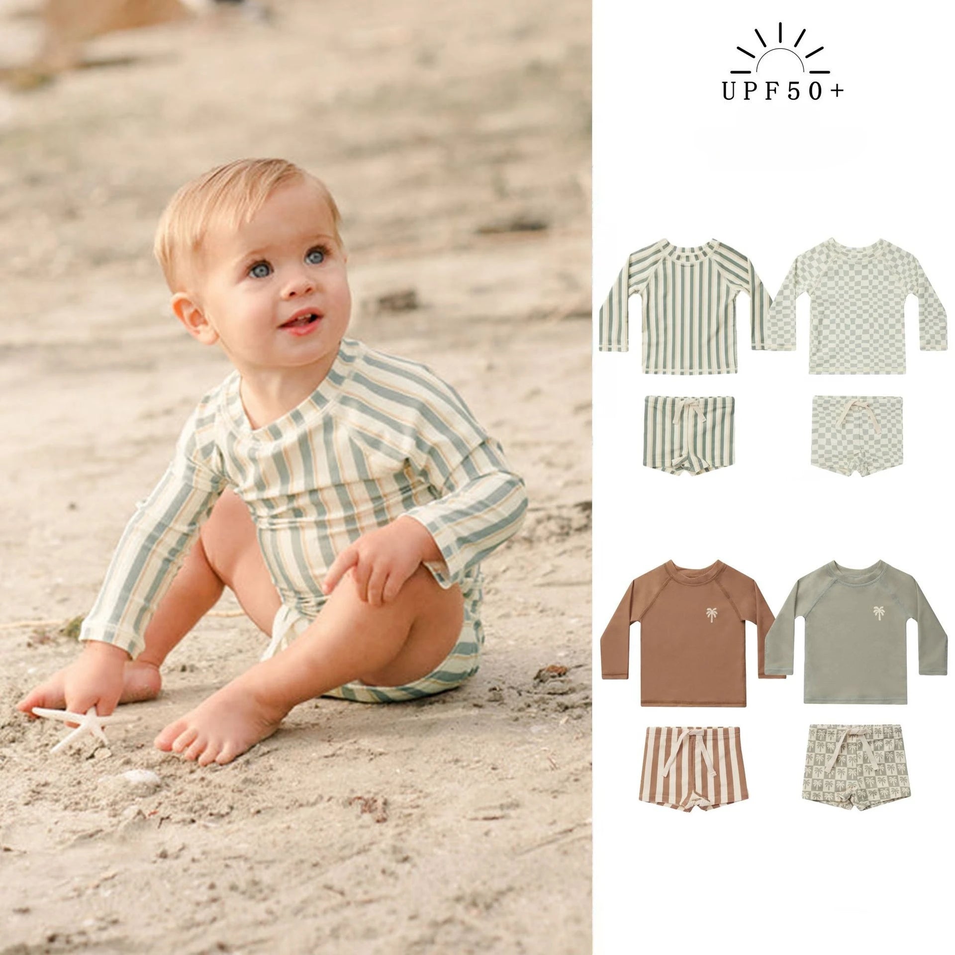 Australian Children Boutique Shorty Sunsuit UPF 50+ UV  Stripe  2 Pieces Swimwear Set Toddler Boys Rash Guards