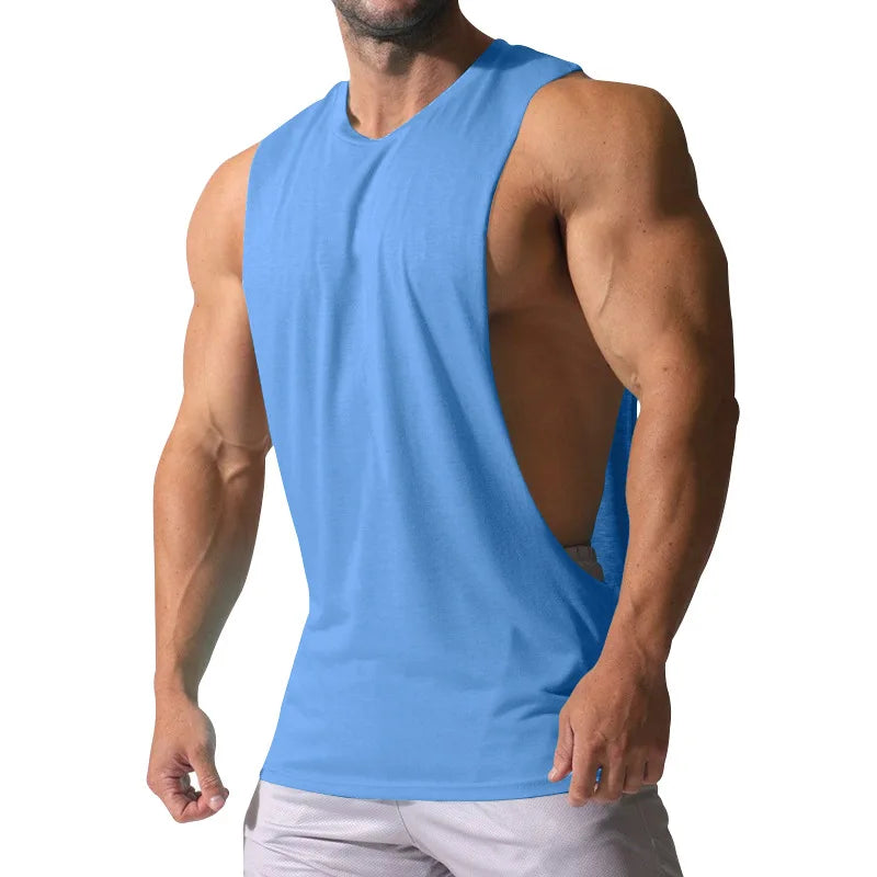 Casual Loose Men Vests Summer O-Neck Sleeveless Male Solid Color Big Side Split Tee Shirts  CBFS-23075