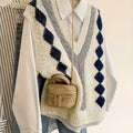 Korean - style Collegiate Layered Gingham V - Neck Knitted | SAMAG