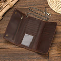Men's Vintage Crazy Horse Leather Chain Wallet Genuine Leather Bifold Long Wallet Snap Card Holder Purse Zipper Coin Rfid Pocket