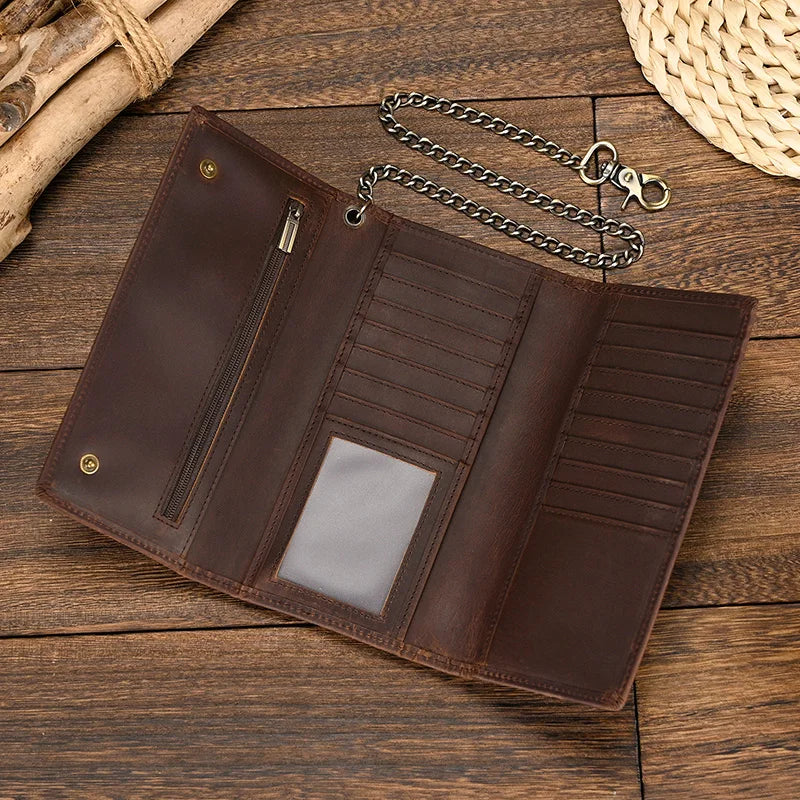 Men's Vintage Crazy Horse Leather Chain Wallet Genuine Leather Bifold Long Wallet Snap Card Holder Purse Zipper Coin Rfid Pocket