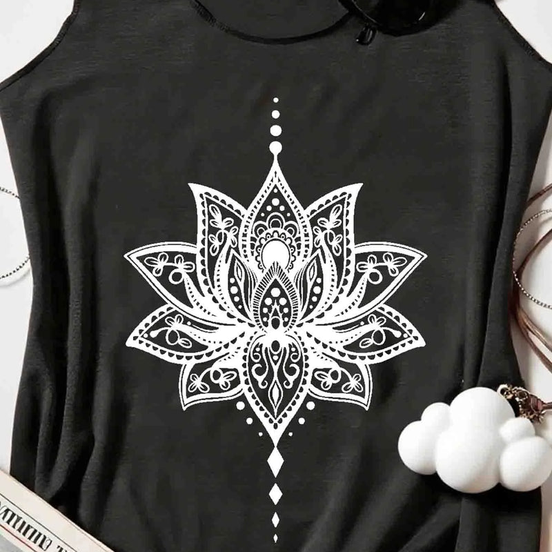 Women's sleeveless shirt, featuring a lotus pattern design and diagonal stripes on the back, is a casual style for summer