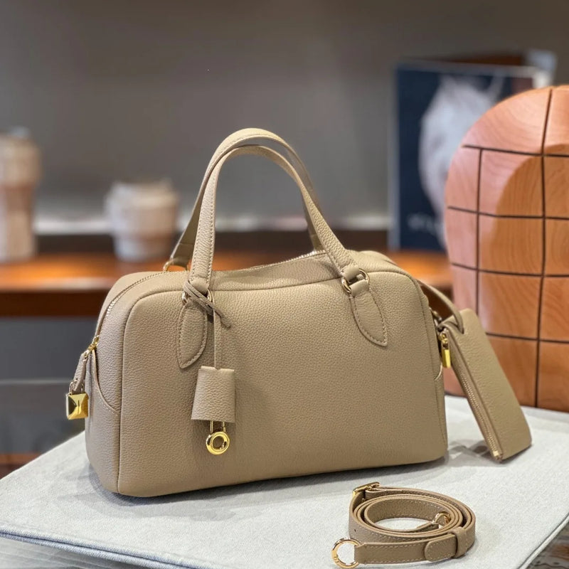 2026New Personality Grain First Layer Calf Leather with Shoulder Strap Large Capacity Boston One Shoulder Portable Crossbody Bag