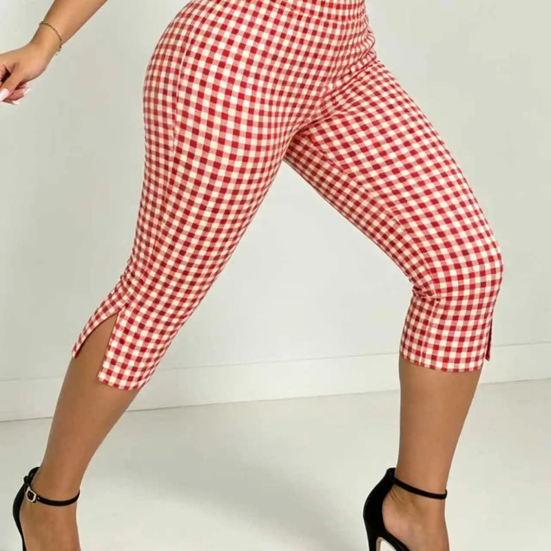 New Red And White Checkered Casual Tight - fitting Capri - View 4 | SAMAG
