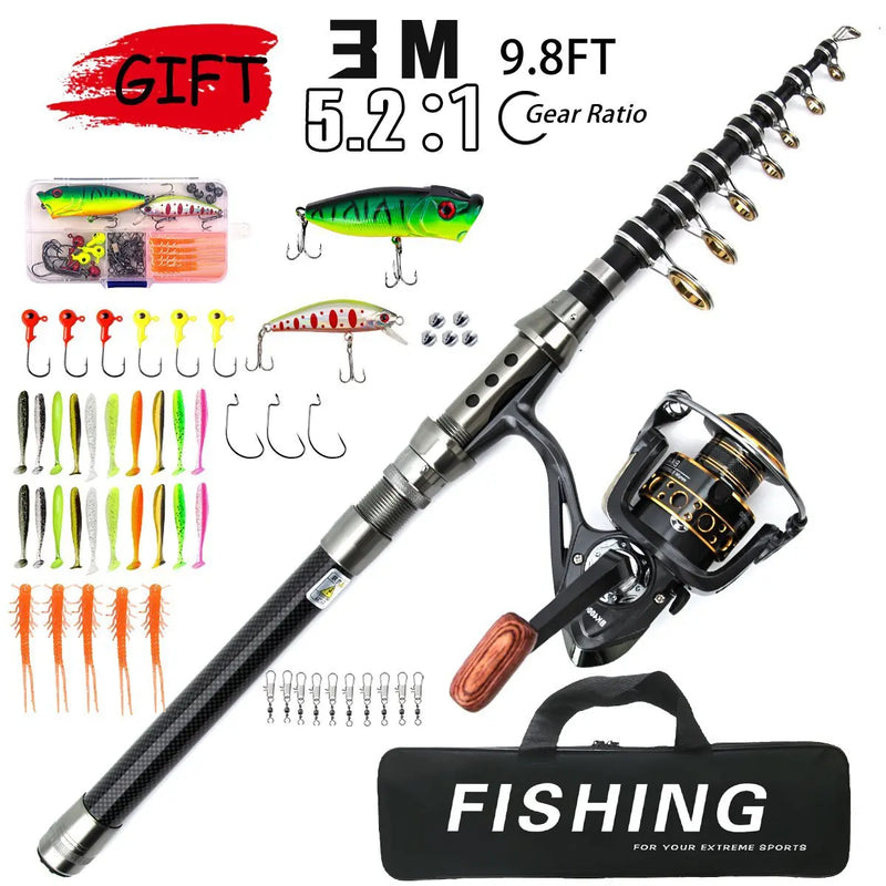 Carbon Fiber Telescopic Fishing Rod Reel Combo Full Kit With Simulated Lures Portable Travel Sea Fishing Set For Freshwater Salt