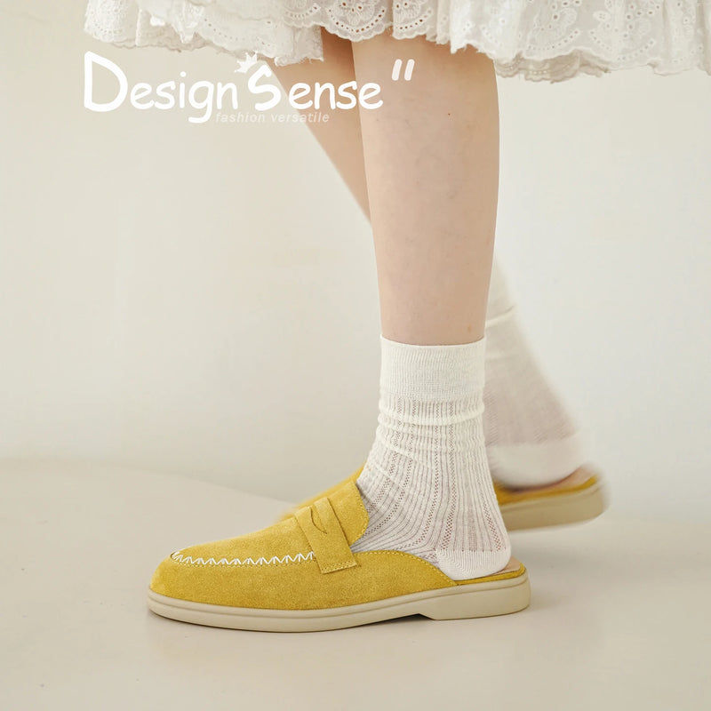 New Genuine Leather Cowhide Women Mules,Round Toe Slip-on Women Slippers,Flats Women Shoes