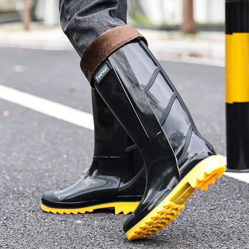 Men's Waterproof Rain Boots Knee High Anti-Slip Warm Fleece Lined Rubber Water Shoes Durable Fishing Garden Boots