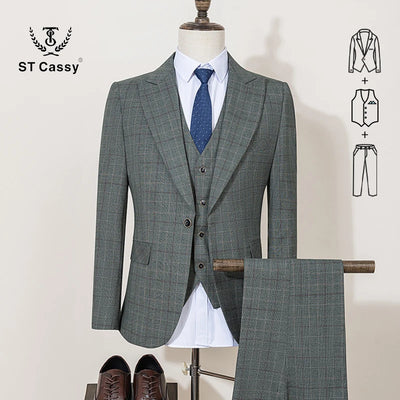 ST Cassy Khaki Plaid Suit Formal Business Office Men's | SAMAG