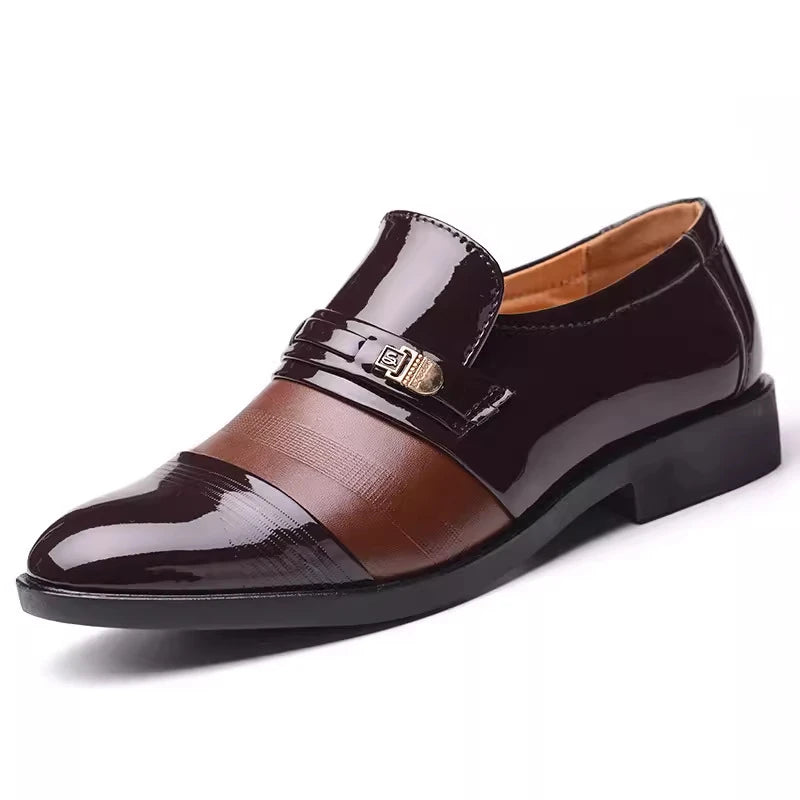 Mens Formal Two Tone Patent Leather Loafers Pointed Toe Slip On Shoes With Metal Buckle Low Heel Comfortable Non Slip Breathable