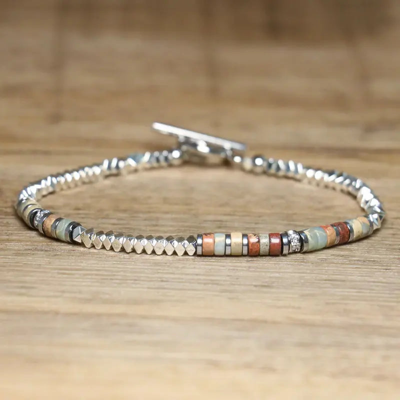 1 Pc Minimalist OT Clasp Stainless Steel Bracelet Natural Stone Handmade Production Picasso Hematite Women Jewelry