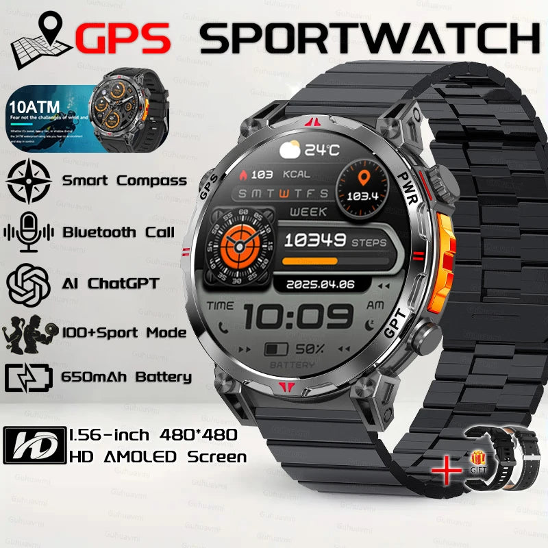2026 New Outdoor GPS Sports Smartwatches Men Compass 10ATM Waterproof 24/7 Health Monitoring Chat GPT Bluetooth Call Smart Watch