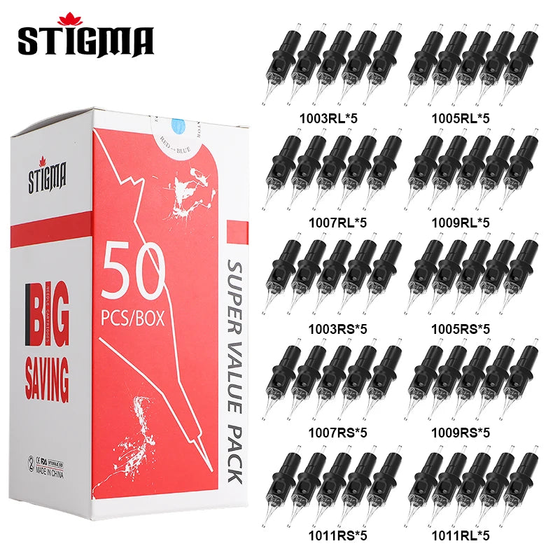 STIGMA 50PCS Mixed Professional Tattoo Cartridge Needles with Membrane Safety Cartridges Disposable Tattoo Needle