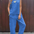 Summer Cotton And Linen Casual Outfits Female Fashion Solid Color Two-piece Set For Women Sleeveless Top Trousers Women's Suit