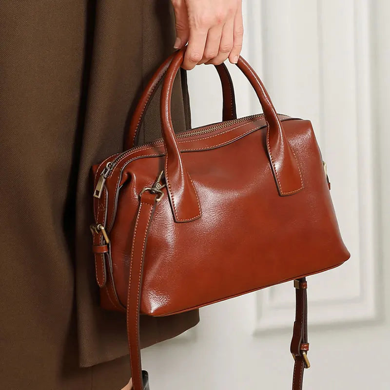 Genuine Leather Women's Bag Vintage Luxury Designer Boston Handbag Women Versatile Shoulder Bag Cowhide Female Crossbody Bags